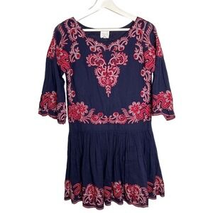 TRYB Floral Embroidery Navy Red Cotton Dress Womens Size XS